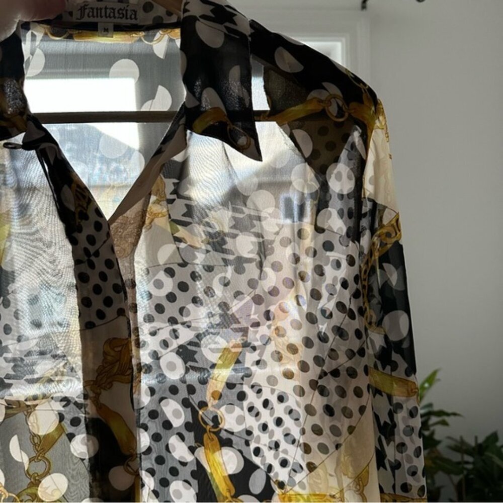 Vintage 90’s Button Up Shirt Polka Dots Gold Chains Black Yellow White - M - Picture 10 of 16